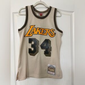 Mitchell & Ness Lakers #34 Shaquille O’neal Beige Hardwood Classics Jersey